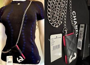 New Chanel Vintage 2005 Black Leather Crossbody Chain iPod Case Logo CC Necklace
