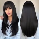 Long Black Wig With Bangs Straight Women Daily Use Synthetic Black Hair Wigs
