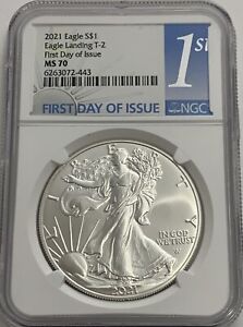 2021 $1 NGC MS70 SILVER EAGLE T-2 FIRST DAY OF ISSUE FDOI TYPE 2 FDI 1 OZ .999