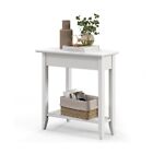 2-Tier Wedge Narrow End Table W/ Storage Shelf and Solid Wood Legs White Table