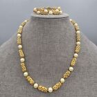 Vintage Alan J Necklace Bracelet Set Gold Tone Lattice Bead Faux Pearl Signed