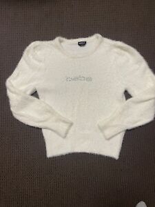 bebe Long Sleeve Ivory Fuzzy Sweater Rhinestone Logo Women's Size Large