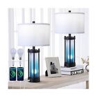 Modern Table Lamps Set of 2, with Night Light Gradient Blue Glass Bedside Tab...