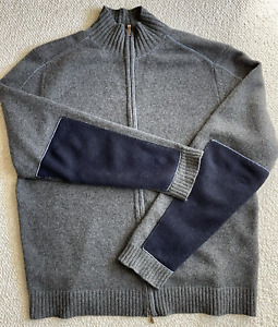 LINCS 100% Cashmere Zip Cardigan Gray Sweater with Navy Patch Elbows - Mens XL