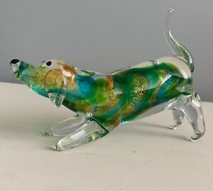 Murano-Styled Hand Blown Blue & Green Swirl Glass Dog