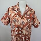 Vintage 60s Barkcloth Hawaiian Shirt Brown Geometric Tribal Print Men's M
