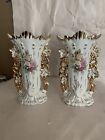 Set of 2Vieux Paris Porcelain Fan Flair Bridal Vase Hand Painted Flowers 8” Tall