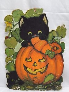 Vintage Hallmark Halloween Jack O’Lantern Kitten Cat  Pumpkin DieCut Decoration