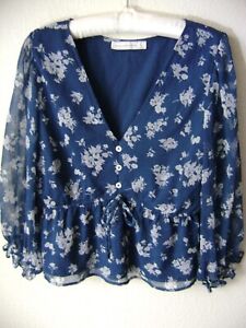 ABERCROMBIE & FITCH WOMEN'S BLOUSE L LARGE BLUE FLORAL SHEER BABYDOLL TOP BOHO