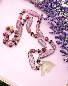 Vintage Purple Pink Stone Beaded Necklace Boho 30” Rose Quartz Dolphin Pendant