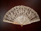 19th C. hand fan Brussels mixed needle and bobbin appliqué lace MOP sticks