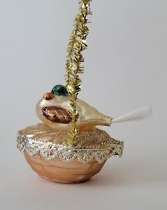 Vintage German Christmas Inge-Glas Bird w/Tail In Nest Glass Ornament