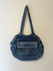Vintage Dark Wash Denim Jean Purse Shoulder Bag Zip Blue Multiple Pockets