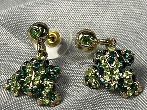 Crystal Rhinestone Green Frog Earrings  Lauren Spencer Post / Dangle Gold Tone