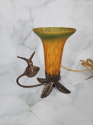 New ListingVtg Table Lamp Hummingbird Tulip Flower Night Light Handblown Glass Art Nouveau