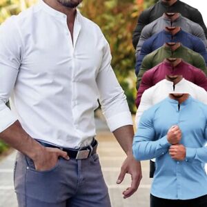 Mens Long Sleeve Button Down T-Shirt Business Work Office Stand Collar Shirt