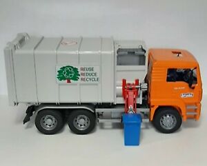 Vintage Bruder MAN Side Loading Garbage Recycle Truck - Orange w/ Recycling Bin