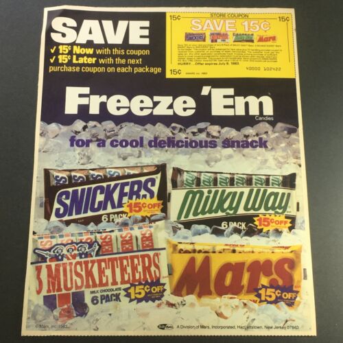VTG 1983 Milky-Way, Snickers, Mars & 3 Musketeers Chocolate Bars Print Ad Coupon