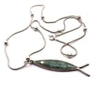 Mexico Taxco Sterling Silver Chrysocolla Inlay Fish Pendant 18” Chain Necklace