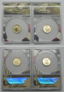 2021 2 Coin Gold $5 Eagle Set, Type 1 & 2, ANACS MS70, First Strike, #0879 #1514