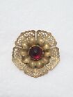 Vintage Brass Filigree Red Rhinestone Fleur-de-lis Center Flower Brooch Pin 2½