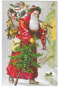 Postcard Christmas Santa Claus Xmas Tree Walking Stick