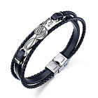 Men Musical Note Braided Leather Bracelet Rope Cuff Bangle Stainless Steel Clasp