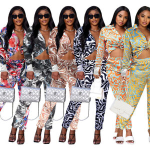 Hot Sale Fashion Women Multicolor Print Long Sleeves Casual Long Pants Set 2pcs