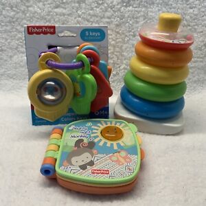 Fisher-Price Lot Of 3 Baby Toys:Shapes & Color Keys, Sound Book & Rock-A-Stack