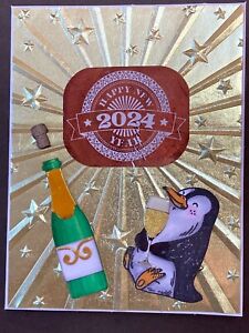 HAPPY NEW YEAR 2024 - Katzelkraft Penguin -  handmade GREETING card By DEE