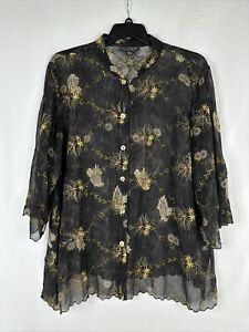 Citron Santa Monica Silk Top Womens Plus Size 2X Floral Embroidered Button Up
