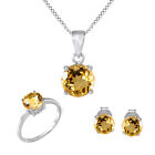 Citrine Ring Earrings Necklace Jewelry Set 925 Solid Sterling Silver Round