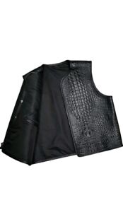 New Men's Black Crocodile Embossed Leather Concealed Biker Fashion Vest