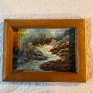 Vintage small PAINTING landscape stream trees hand painted original by Imogene