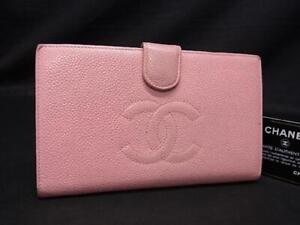 Auth CHANEL Coco Mark CC Caviar Skin Bifold Long Wallet Pink Leather Vintage FS