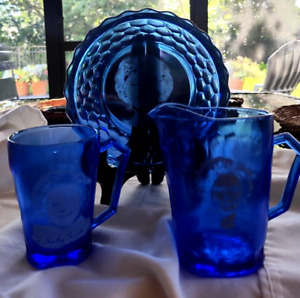 Vintage Shirley Temple Cobalt Blue Cereal Bowl With Pitcher and handled mug