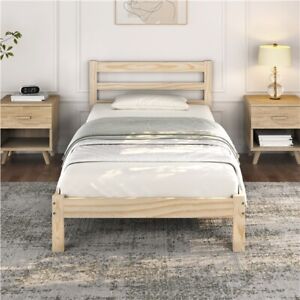 Topeakmart Wooden Bed Frame with Paneled Wood Headboard, No Box Spring Needed