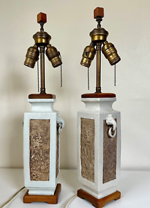 Pair Mid Century Japanese Mandrin Garden Paneled Ceramic Lamps
