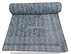 Queen Kantha Quilt Bedspread Hand Block Cotton Blue Boho Gypsy Blanket