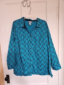Catherines 2x Blouse Long Sleeve Button Front  Turquoise With Black Print