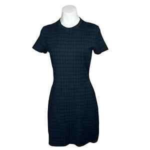 Theory $355 Navy Blue Plaid Checkered Short Sleeve Flare Mini Sweater Dress Sz S