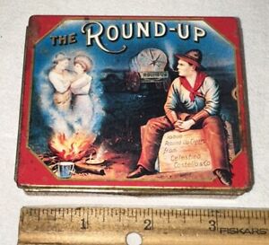 ANTIQUE ROUND UP TIN LITHO CIGARETTE CIGAR TOBACCO CAN COWBOY WAGON OLD WEST