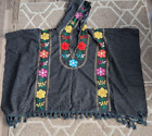 Vintage Grey Wool  Embroidered Poncho 1/4 Zip One Size