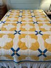 Vintage Handmade Blue & Yellow Tulip Quilt 75 x 92 Cotton Fabrics Hand Quilted