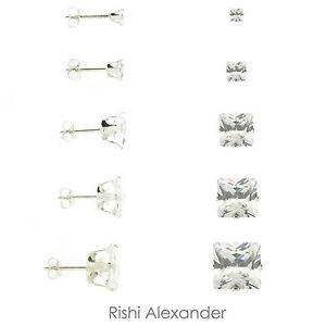 925 Sterling Silver Square Cut Clear CZ Stud Earrings Butterfly Posts