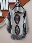Boho Aztec Western Fringe Blanket Hooded Knit Cardigan Sweater Cape Coat Top L