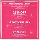 Bath & Body Works 4 Coupons  -  Single Wick Candle | 25% off | $7 item | 20% off