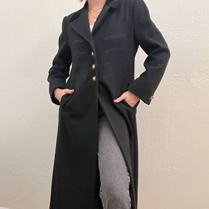 Vintage Black 100% Wool Military Style Longline Trench Coat