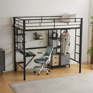 Twin Over Metal Loft Bed with Desk and Storage Shelves for Juniors Beds Frames