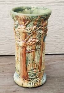 Vtg Weller Forest 1920s Pottery Brown Green Woodland Scene Cylindrical Vase 8